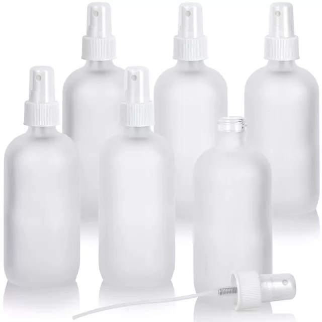 8 oz Frosted Clear Glass Boston Round Bottle White Fine Mist Spray (6 Pack)