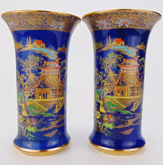 Antique Carlton Ware Vase Pair Blue Mikado 16cm W&R c1920