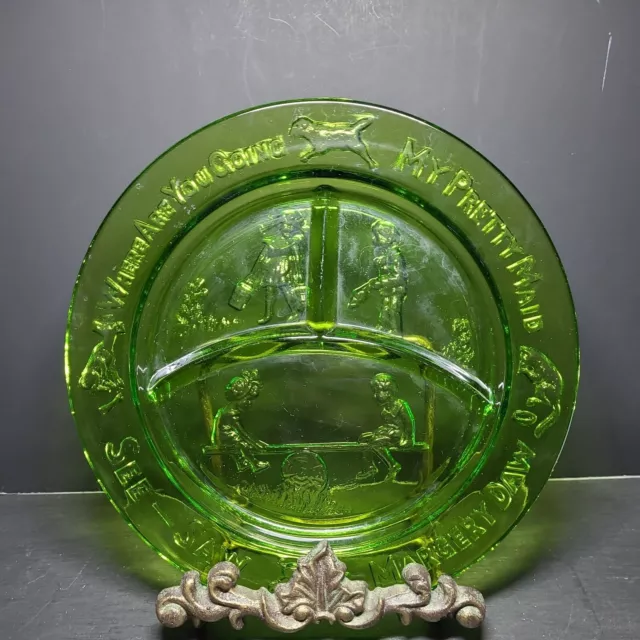 Tiara Indiana Green Glass Child's Nursery Rhyme Divided Plate Mother Goose 8.5''