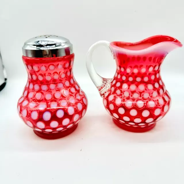 Fenton Glass Polka Dot Cranberry Opalescent Sugar Shaker & Creamer Set