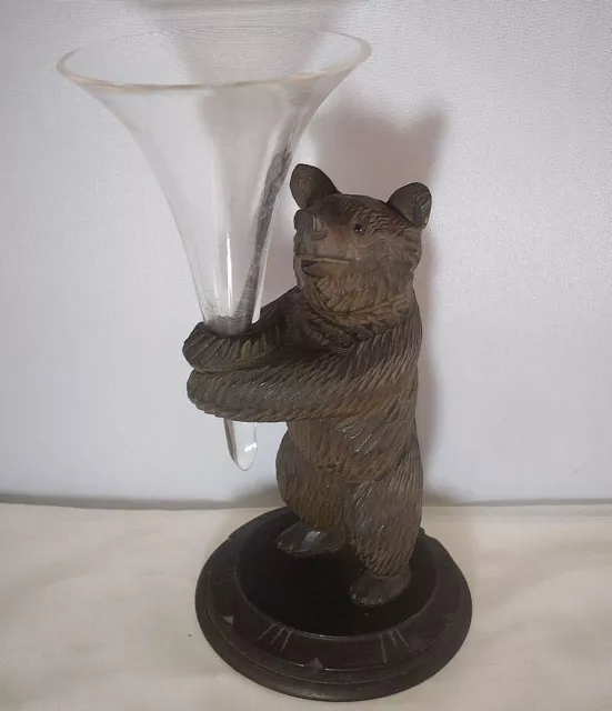 Vintage Black Forest Carved Wooden Bear Epergne Holder with Glass Vase 3