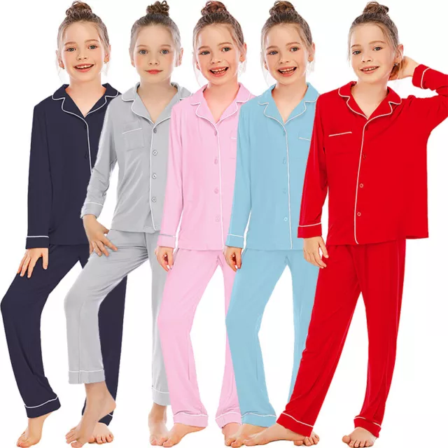 Boy Girls Pyjamas Set Nightwear Pjs Satin Silk Sleepwear Tops Pants Outfits
