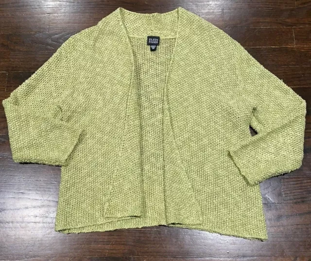 Eileen Fisher Linen Blend Open Front Knit Cardigan Sweater Women XS Shrug Green