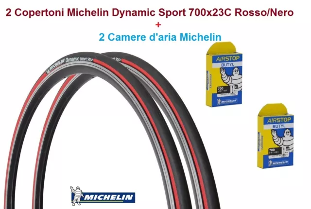 2 Copertoni + 2 Cam. Michelin Dynamic Sport 700x23C Rosso x Bici 28 Single Speed