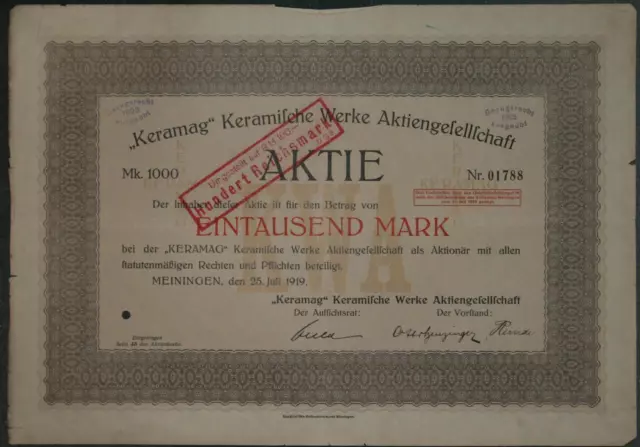 "KERAMAG" Keramische Werke Aktiengesellschaft 1919 1000 Mark