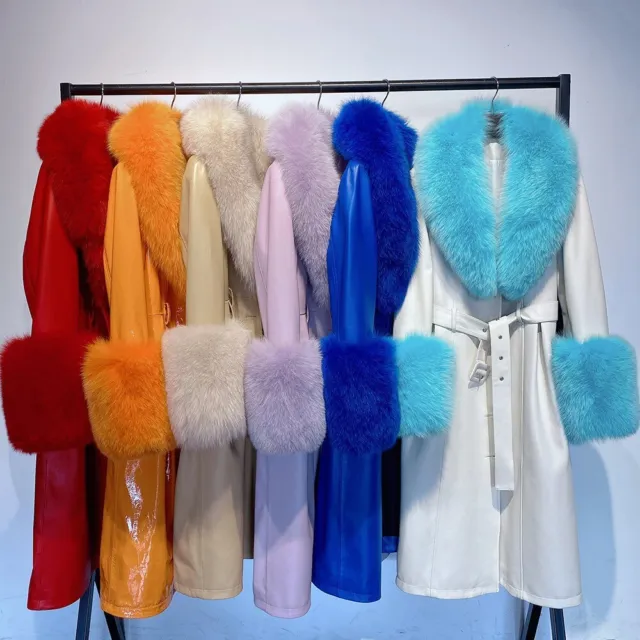 2023 Winter Genuine Leather Jaclets Womens Sheepskin 100% Fox Fur Collar Coats 3
