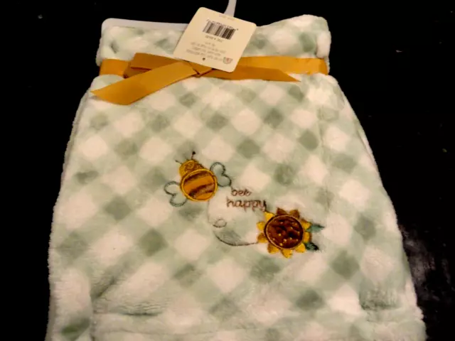 New soft THROW BABY BLANKET Bumble Bee Lt Green White Buffalo Plaid Sunflower