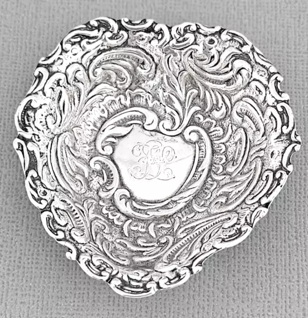 Victorian English Sterling Silver Repousse Heart Shaped Dish - Birmingham 1894 -