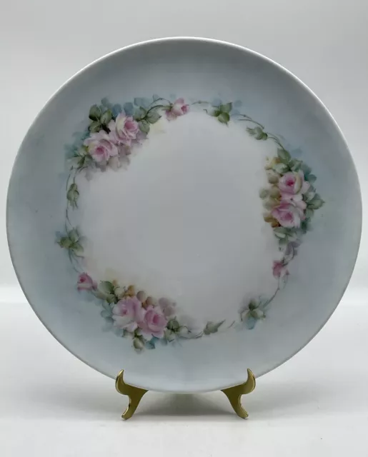 Vintage Hand Painted Artist Signed Pink Roses Flowers Floral Blue Plate 10.5”