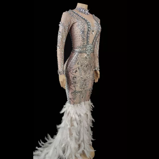 SPARKLY RHINESTONES WHITE Feather Tail Dress Women Evening Prom $200.97 ...