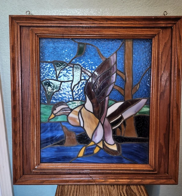 Antique Stained Slag Glass Leaded Window Wood Framed Hanging Art Mallard Duck 23