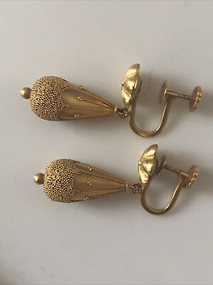 Antique 10k Yellow Brushed Gold Victorian Screw Back Dangle Earrings Detail 4.2g