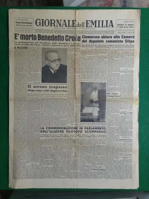 Giornale Dell'emilia 21/11/1952 , E' Morto Benedetto Croce