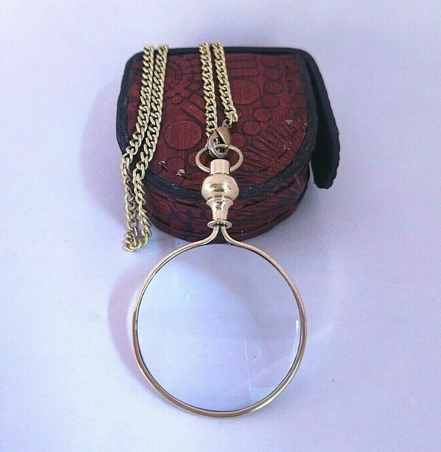Antique/Vintage Style 3" Brass Necklace&Glass Magnifying Lens Pendant Magnifier