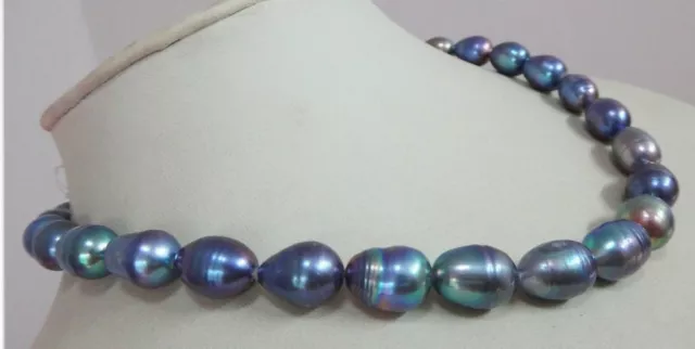 8-9mm natural baroque tahitian peacock blue black pearl necklace 18"