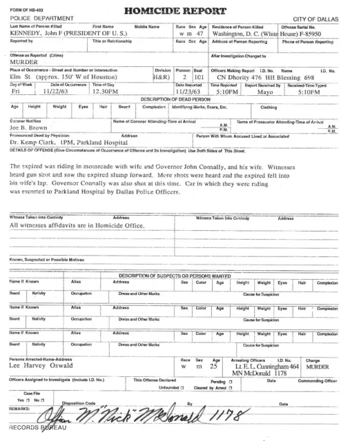 John F. Kennedy Homicide Report Signed by the Man Who Caught Lee Harvey Oswald
