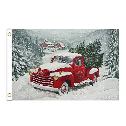 3 x 5 Ft Red Truck Merry Christmas Flag Double Stitched with 2 Brass Grommets