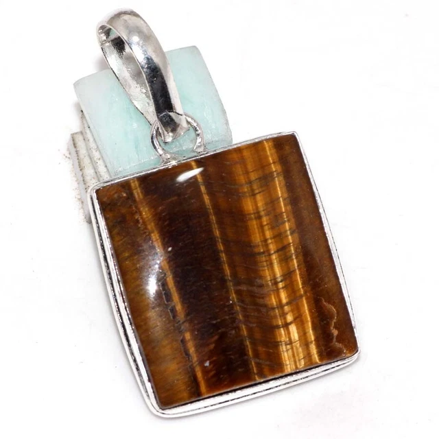 925 Silver Plated-Tiger Eye Ethnic Gemstone Handmade Pendant Jewelry 1.7" JW