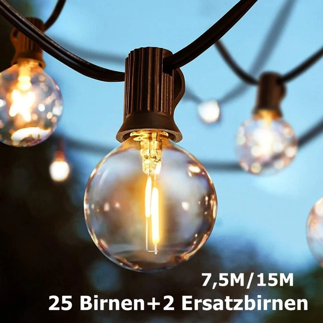 Yuusei Lichterkette Außen 15m – 25 G40-LED-Birnen Warmweiß, IP45 Wasserdicht, Inkl. Ersatzbirne, Anschließbar, Bruchsichere Kunststoffbirnen
