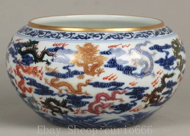 6.6'' Old Qing Qianlong Blue White Color Porcelain Gold Dragon Loong Pot Jar