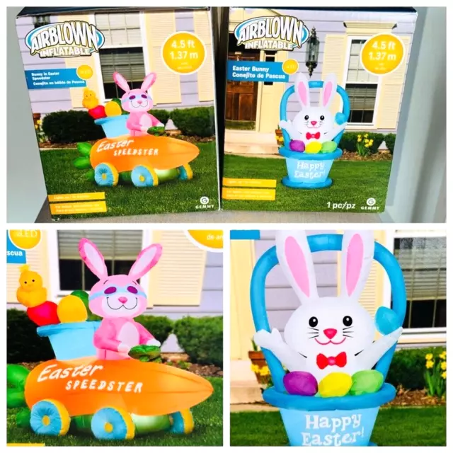 New 2 Lot 4.5' GEMMY EASTER AIRBLOWN INFLATABLES LED BUNNY SPEEDSTER BASKET 2023