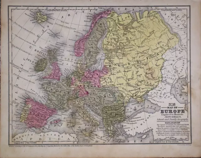 Old 1849 Authentic Mitchell Atlas Map ~ EUROPE ~ Free S&H