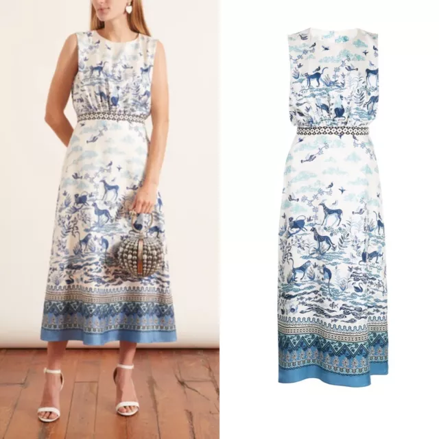 SALONI Porcelain Fleur-D Silk Chinoiserie Midi Dress in Blue Sz 4 US