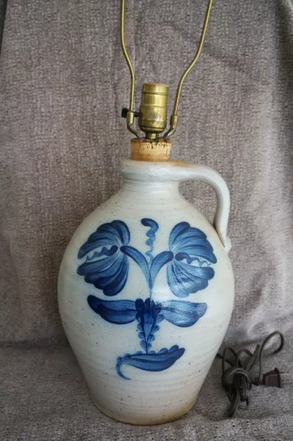 ROWE Pottery 2 Gal. JUG TABLE LAMP Salt Glazed Cobalt Blue Decorated - 24” tall