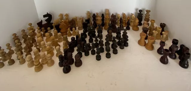 Vintage Wooden Chess Pieces Over 130 Pieces. Large Lot Of Chess Pieces.