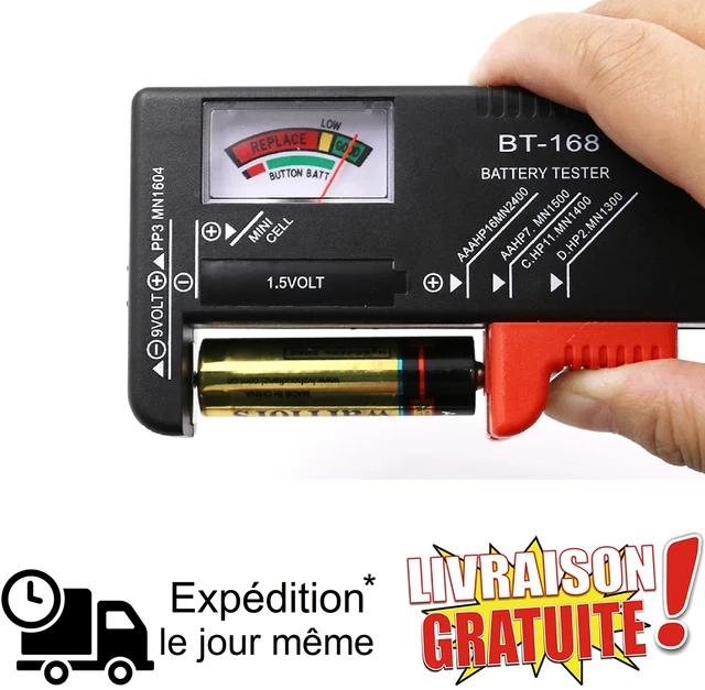 Testeur De Batterie Analogique BT-168 - Pour Piles AA, AAA, C, D, 9V, Bouton, Affichage Code Couleur Simple