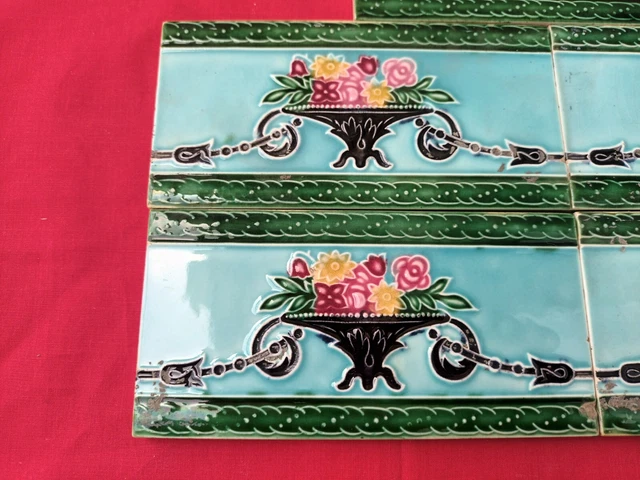 5 Piece Old Art Nice Flower Design Majolica Ceramic Tiles Japan 0067 4