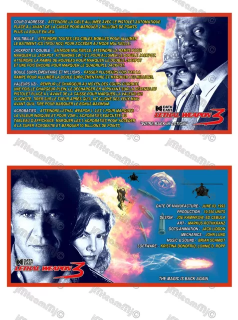 Data East Lethal Weapon 1992 FRENCH Cartes Instructions Flipper Custom