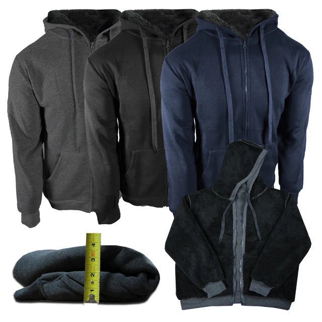 Mens Hoodie Fleece Full Sherpa Lining Jacket Warm Thick Weight 2 Pockets Zip Up