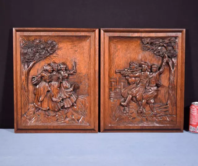 Pair of Antique French Breton Panels Brittany in Solid Chestnut Wood w/Dancing