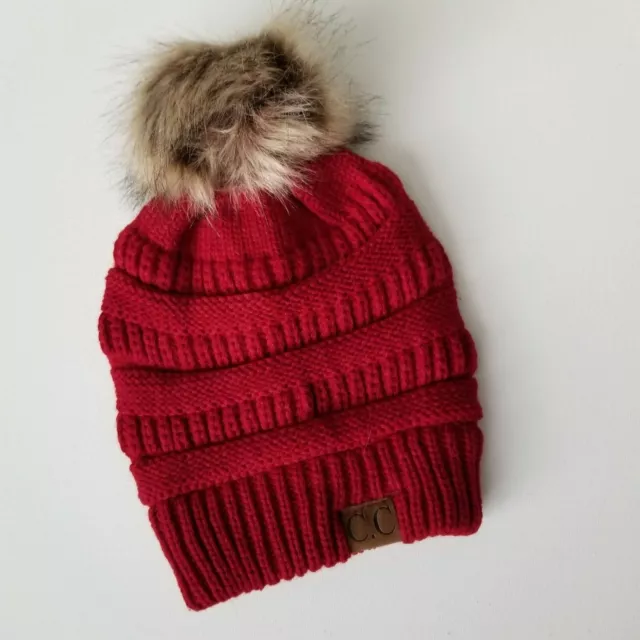 NEW Women's Knitted Beanie Hat with Pom Pom Acrylic Winter Red