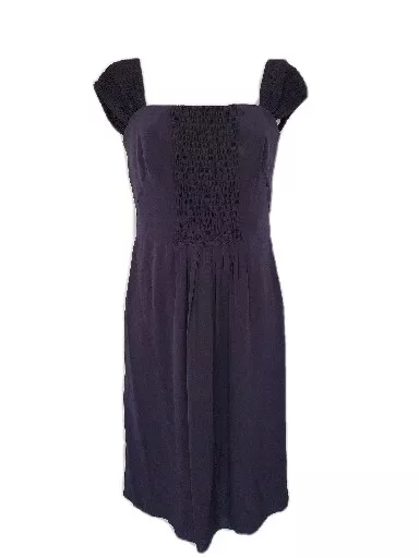 Akris Punto Sleeveless Blue NAVY Sleeveless Silk Smocked Waist Sheath Dress 10