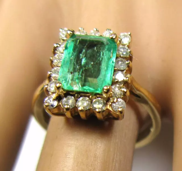 ESTATE 2.0CT EMERALD cut Colombian Emerald Diamond Ring 14K Yellow Gold ...