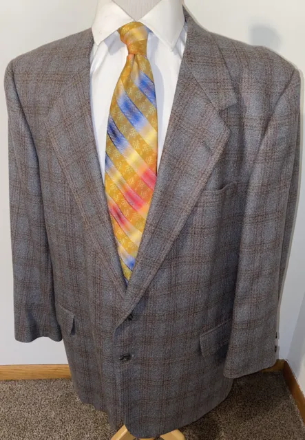 Vintage Tom James  Gray Brown Windowpane Plaid Wool Sport Coat Jacket Blazer 46R