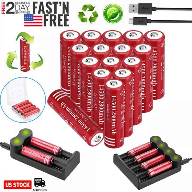 Lot 2800mAh 14500 Li-ion 3.7V Rechargeable Battery+ Case / 2 4 Slot USB Charger