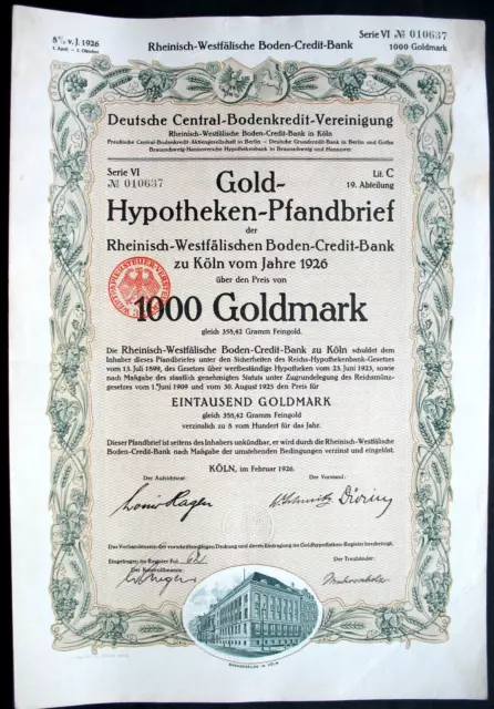 ungelocht Rhein-Westf. Boden-Credit Bank AG Köln Gold Pfandbrief 1926 Rheinboden