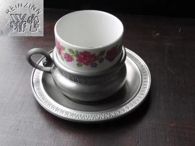 ancienne tasse à café / moka LITRON et soucoupe en étain et porcelaine