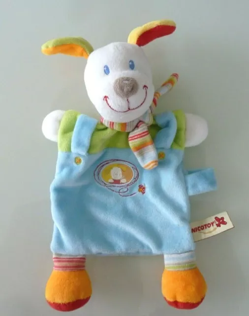 M9- Doudou Plat Nicotoy Chien Bleu Vert Orange Rouge Echarpe Rayee Excell. Etat