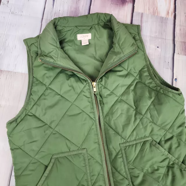 J Crew Size Small Factory Quilted Puffer Vest Green Full Zip G7520 Snap Pockets