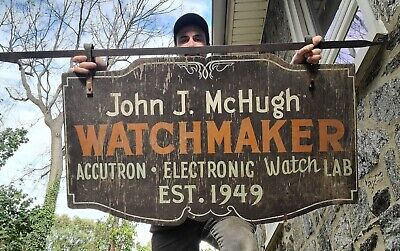 Large Vintage Wooden Watchmaker Jeweler Trade Sign With Wrought Iron Bracket