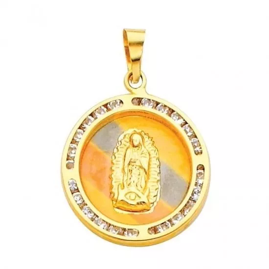 14K Solid Gold "Virgin of Guadaloupe" CZ Religious Charm Pendant, 20MM