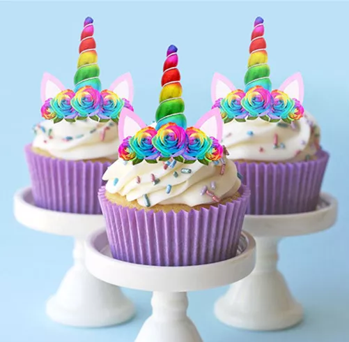 🌟 24 Stand Up Mini Unicorn Rainbow Horn Ears Edible Cupcake Cake Images Toppers