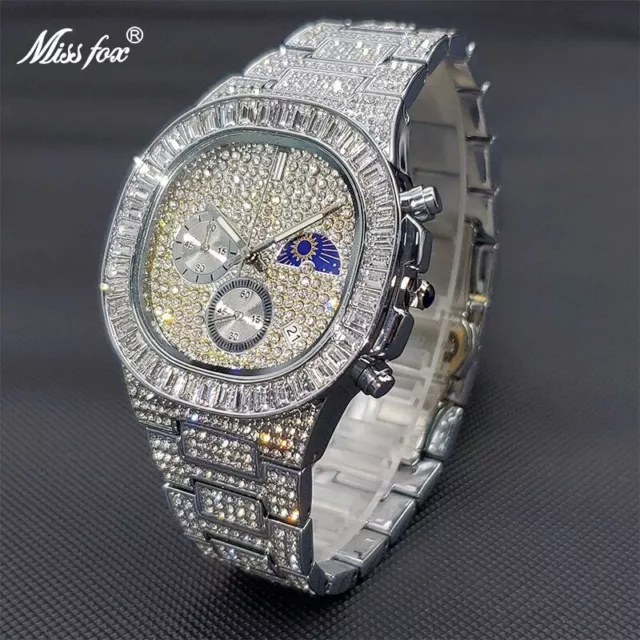 Luxuriöse Mondphase Custom Bling Ice Out Herrenuhr Iced Edelstahl Hip Hop