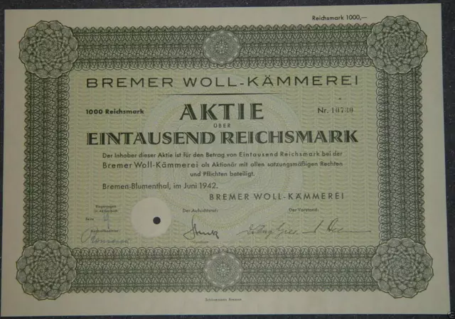 Bremer Woll-Kämmerei 1942 1000 RM