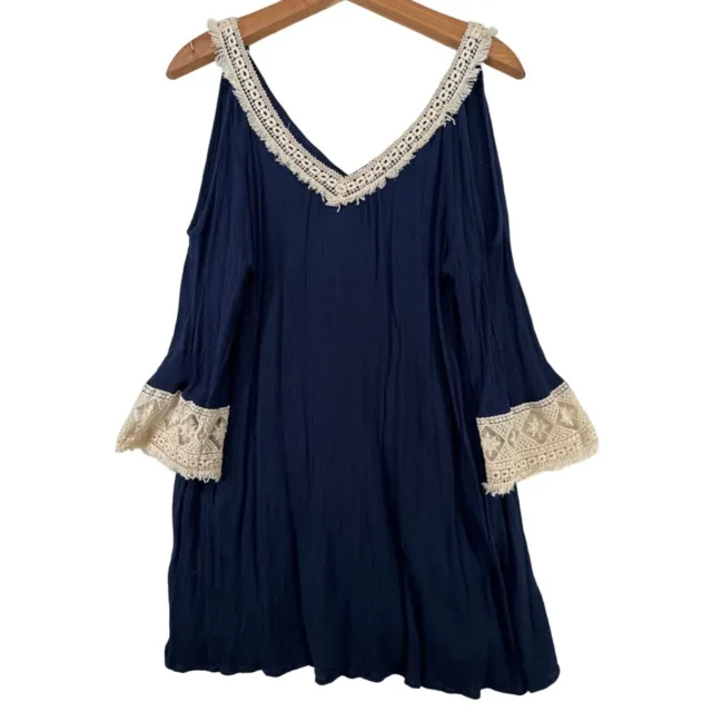 Andree Blue Navy Tunic Top Crochet Lace Bell Sleeve Sz L Cold Shoulder Boho