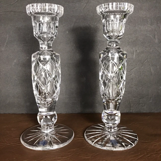 PAIR OF WEDGWOOD Galway Irish Crystal Candle Holders 8" Hand Cut